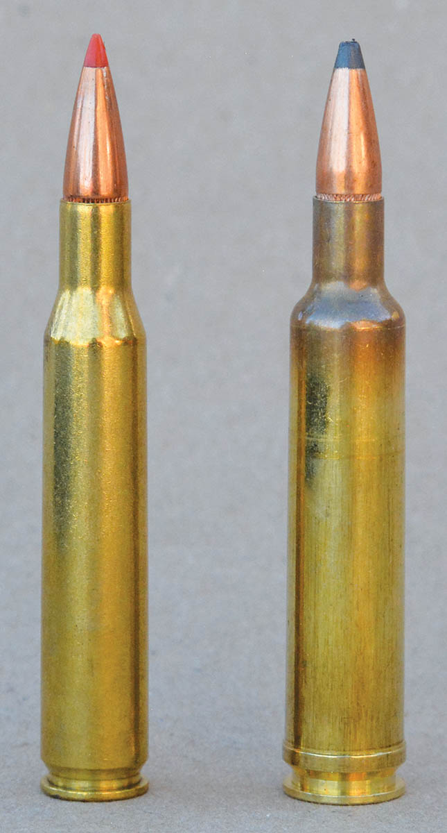 In 1943, the 270 Winchester (left) was still gaining popularity and was a cutting-edge, flat-shooting hunting cartridge; however, the 270 Weatherby Magnum (right) offered significantly higher muzzle velocity and a flatter trajectory.